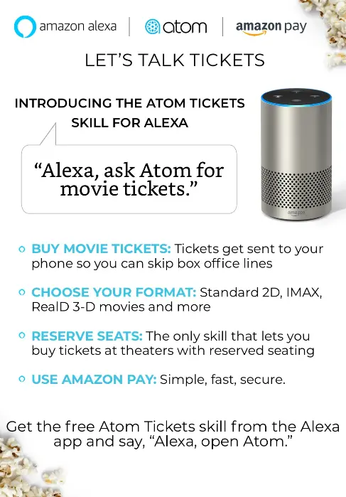 Alexa's main skills named Atom Tickets, an AI tool for retail